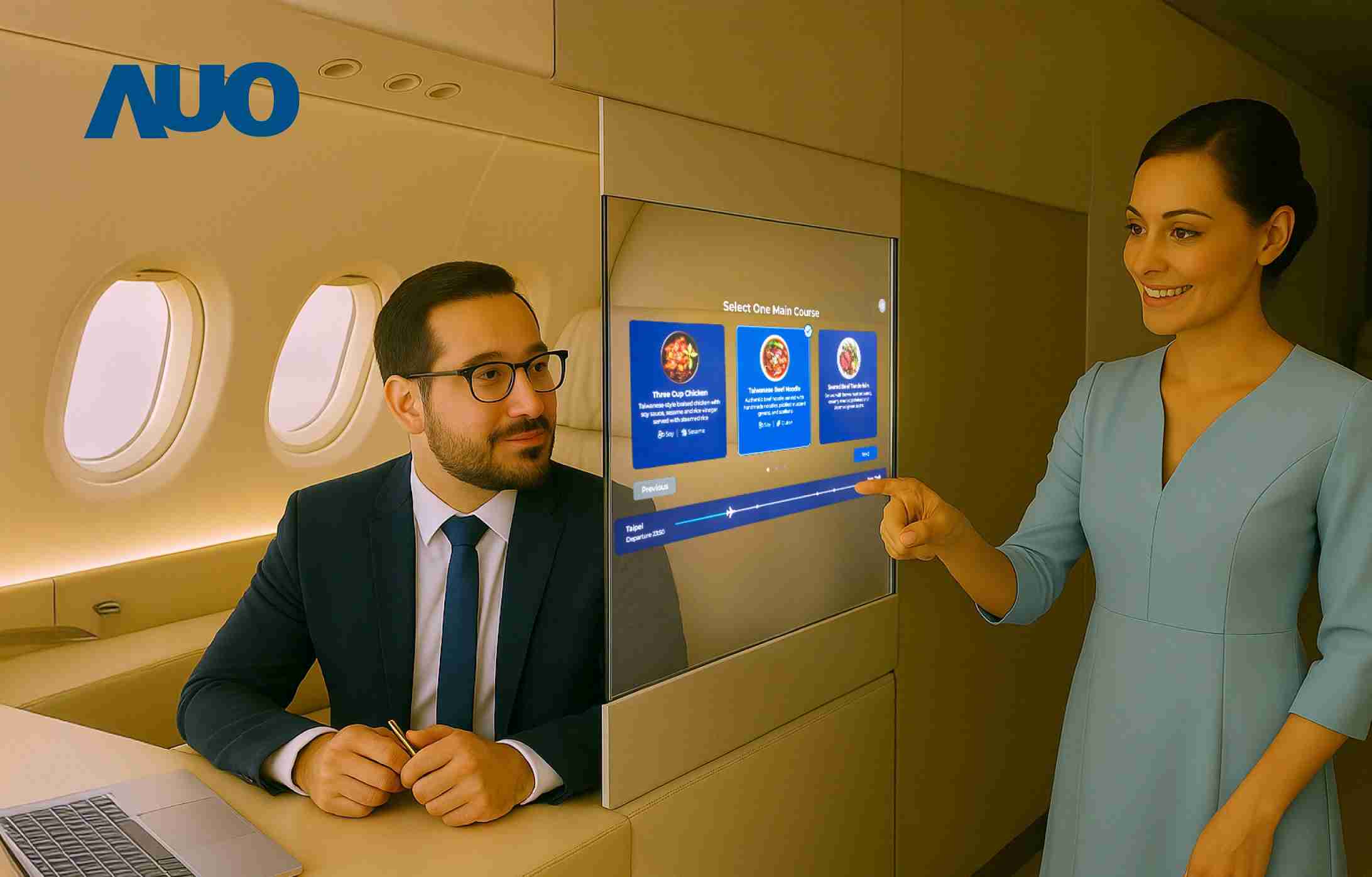 918.COM研发全球最薄17.3 吋双面透明 Micro LED 显示器，，，可在同一屏幕之双边投射不同信息，，，创造独特的”透明化”互动；图为实时翻译交流应用情境